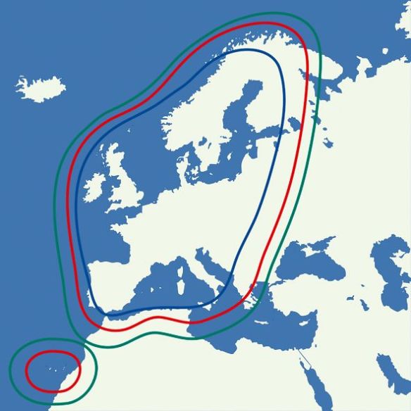 Empfangsbereiche Eutelsat Hotbird Blau: Autosat 2F Rot: Autosat 2S 85 Grün: Autosat 2S 100