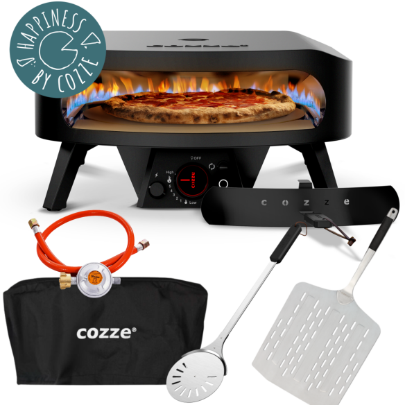 COZZE Gas Pizzaofen Starter Set 17 CLASSIC Black Edition (Abdeckhaube, Hitzeschild, Heber, Wender)