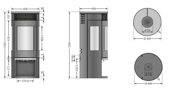 Kaminofen Rota Tre 2.0 Abdeckplatte Keramik Seidenweiß, Korpus Stahl Schwarz